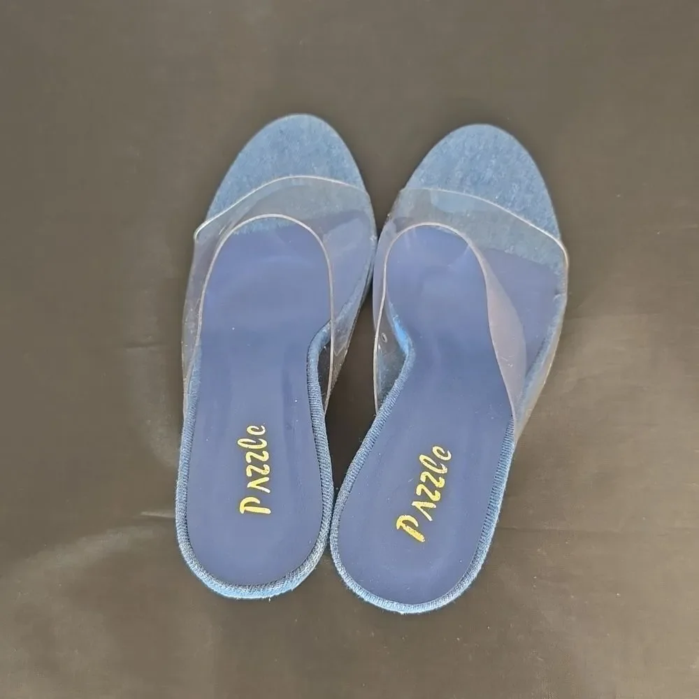 BRAND NEW PAZZLE RHINESTONE HEEL EMBROIDERED CLEAR  OPEN-TOE STRAP SANDAL